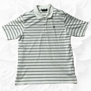Sporty Golf Polo. 100% Polyester. White is w/ Black Stripes.